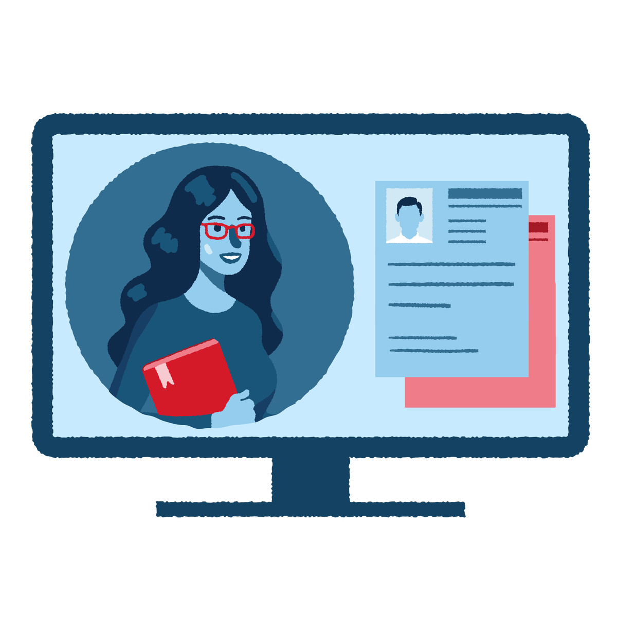 Ilustración HR manager reviewing online resumes, Digital hiring and recruitment en estilo Cherry a descargar en PNG y SVG