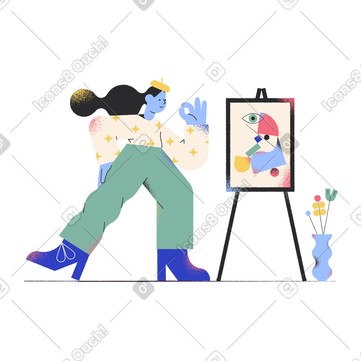 Ilustração de Artista feminina mostrando sinal ok ao lado da pintura em no estilo Pablo para baixar em PNG, SVG