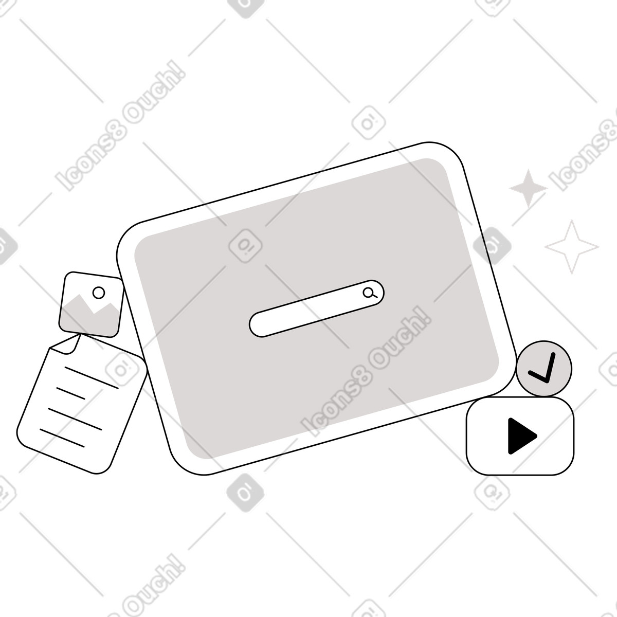 Search box on tablet surrounded by media icons, Web browsing and online information-Illustration im Shade-Stil als Download in PNG, SVG