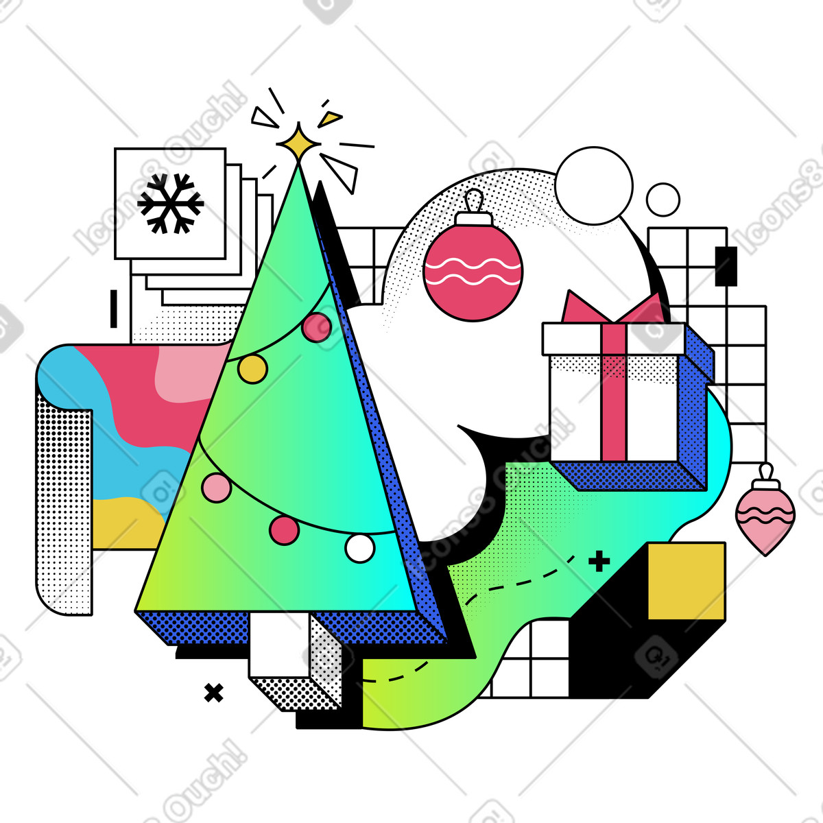 Иллюстрация Christmas tree and gifts for or New Year в стиле Memphis — скачать в форматах PNG, SVG