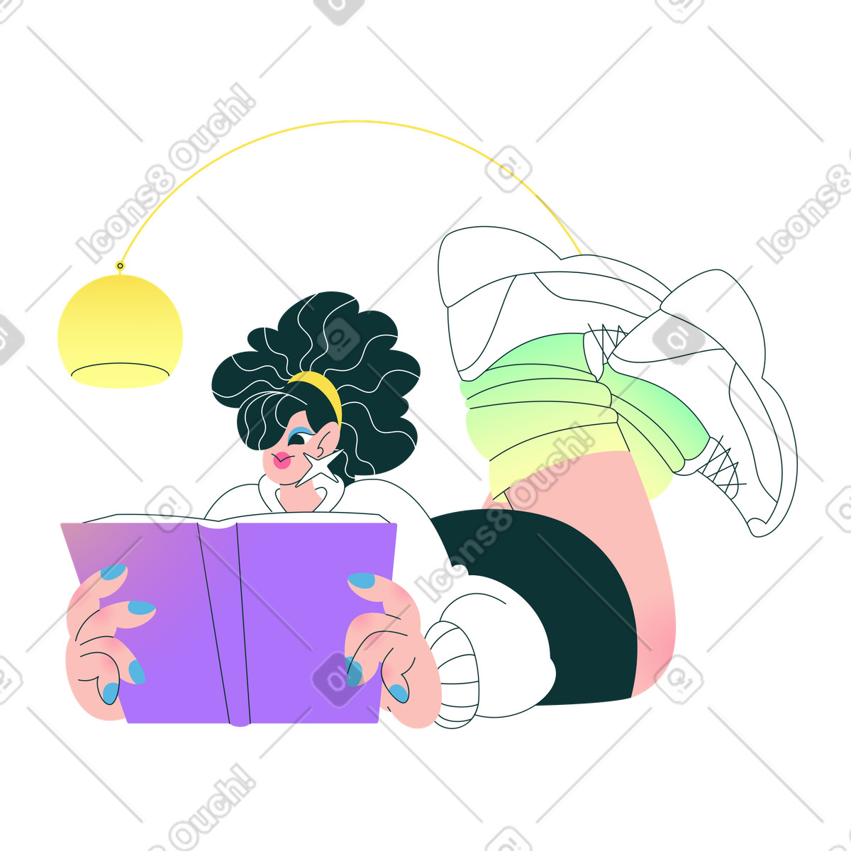 Mädchen liest ein buch unter einer stehlampe animierte Illustration im Florid-Stil als Download in GIF, Lottie (JSON), AE