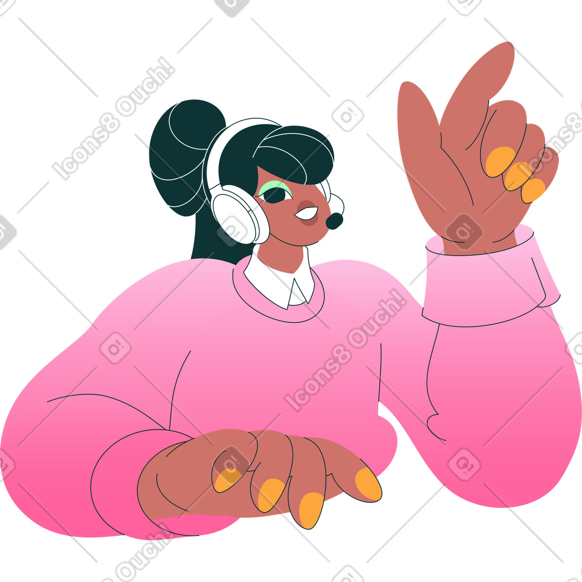 Illustration Femme dans le casque pointant vers quelque chose style Florid à télécharger aux formats PNG, SVG