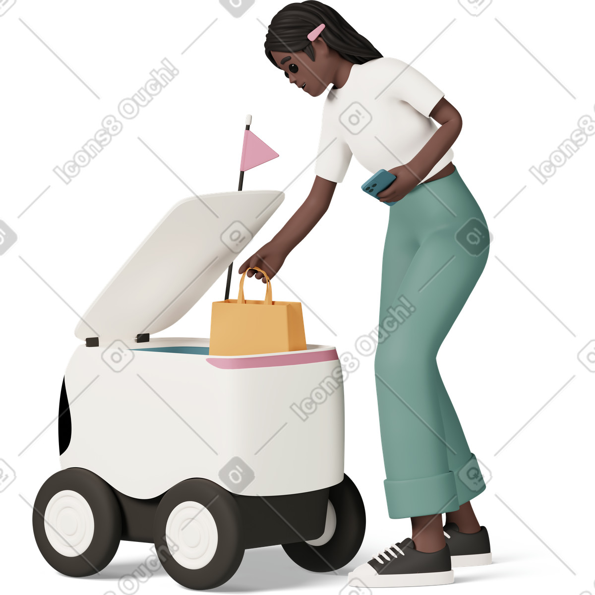 3D Casual life 스타일의 Black girl with delivery robot 일러스트레이션 PNG, SVG 다운로드