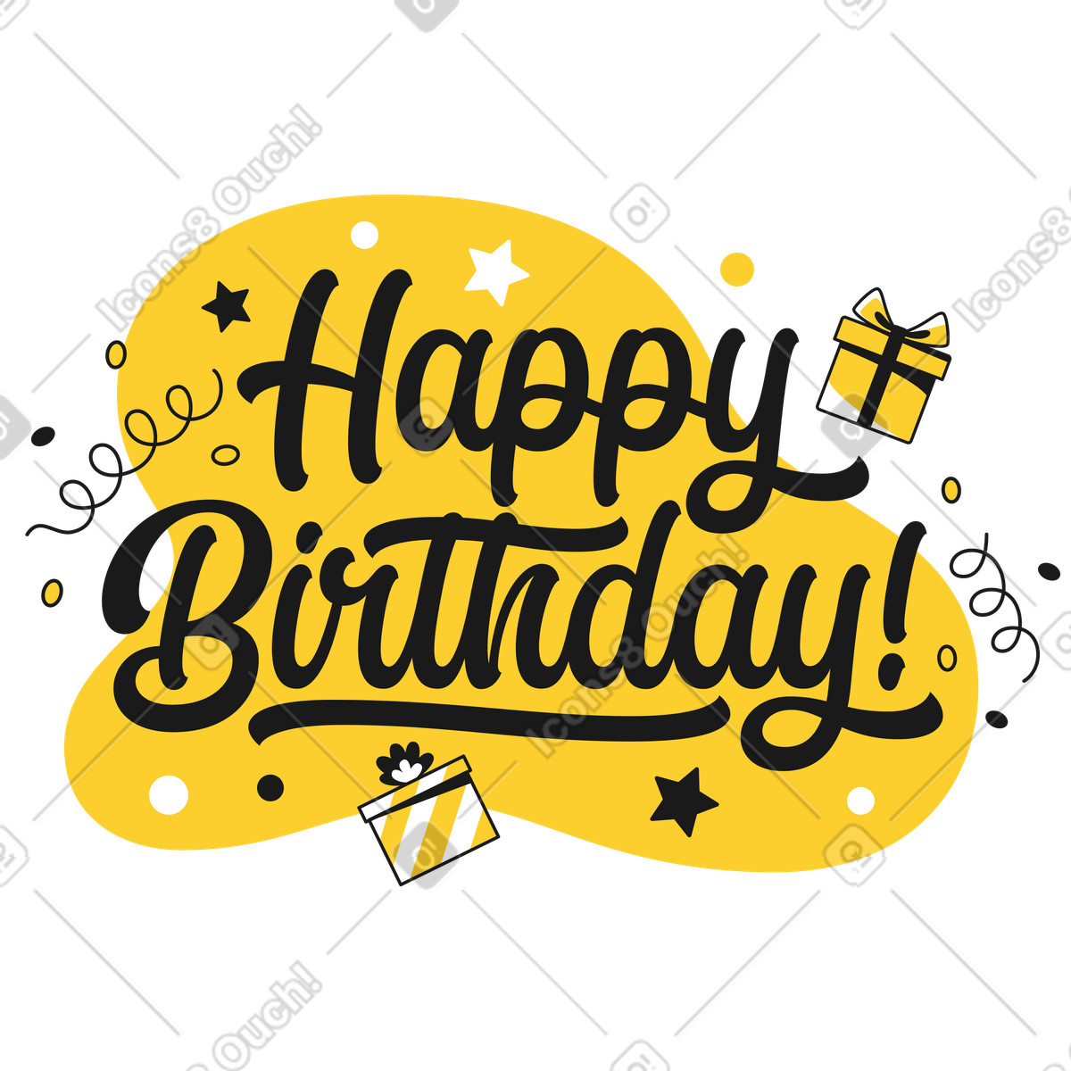 Lettering happy birthday con regali e testo decorativo illustrazione in stile Taxi scarica in PNG, SVG