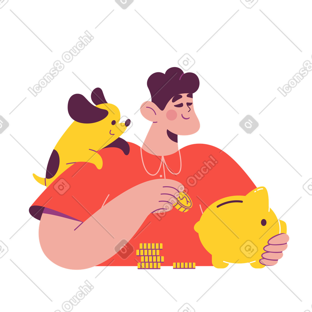 Man with a dog holding coin and putting it in piggy bank-Illustration im Sammy-Stil als Download PNG, SVG