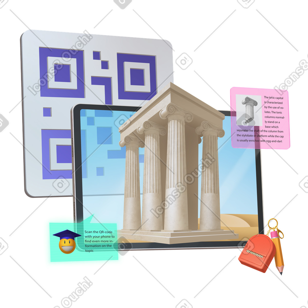 Ancient columns illustration emerging from a digital tablet clipart for education technology PNG