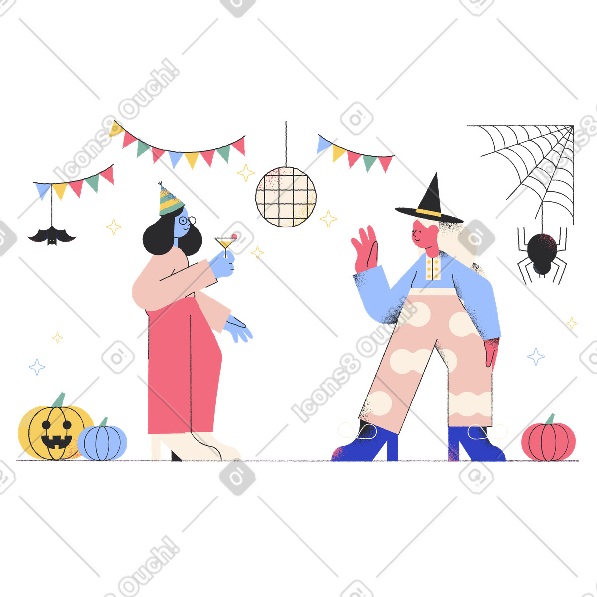 Friends gathering at halloween party illustration in Pablo style download in PNG, SVG