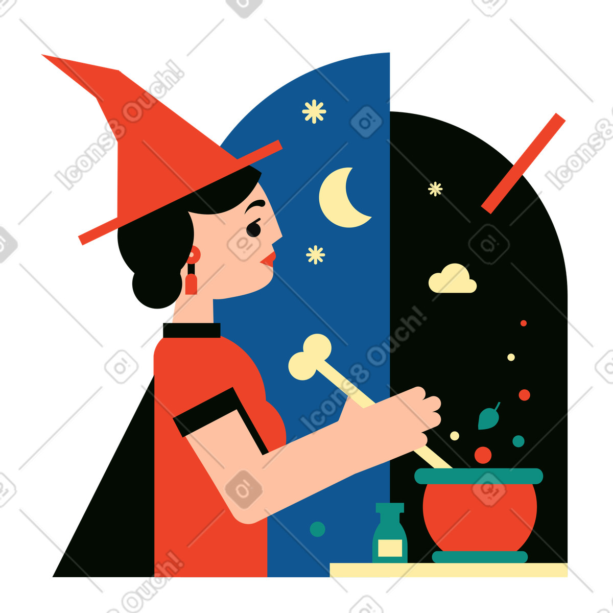 Illustration Sorcière préparant une potion dans un chaudron le style Polar à télécharger aux formats PNG, SVG