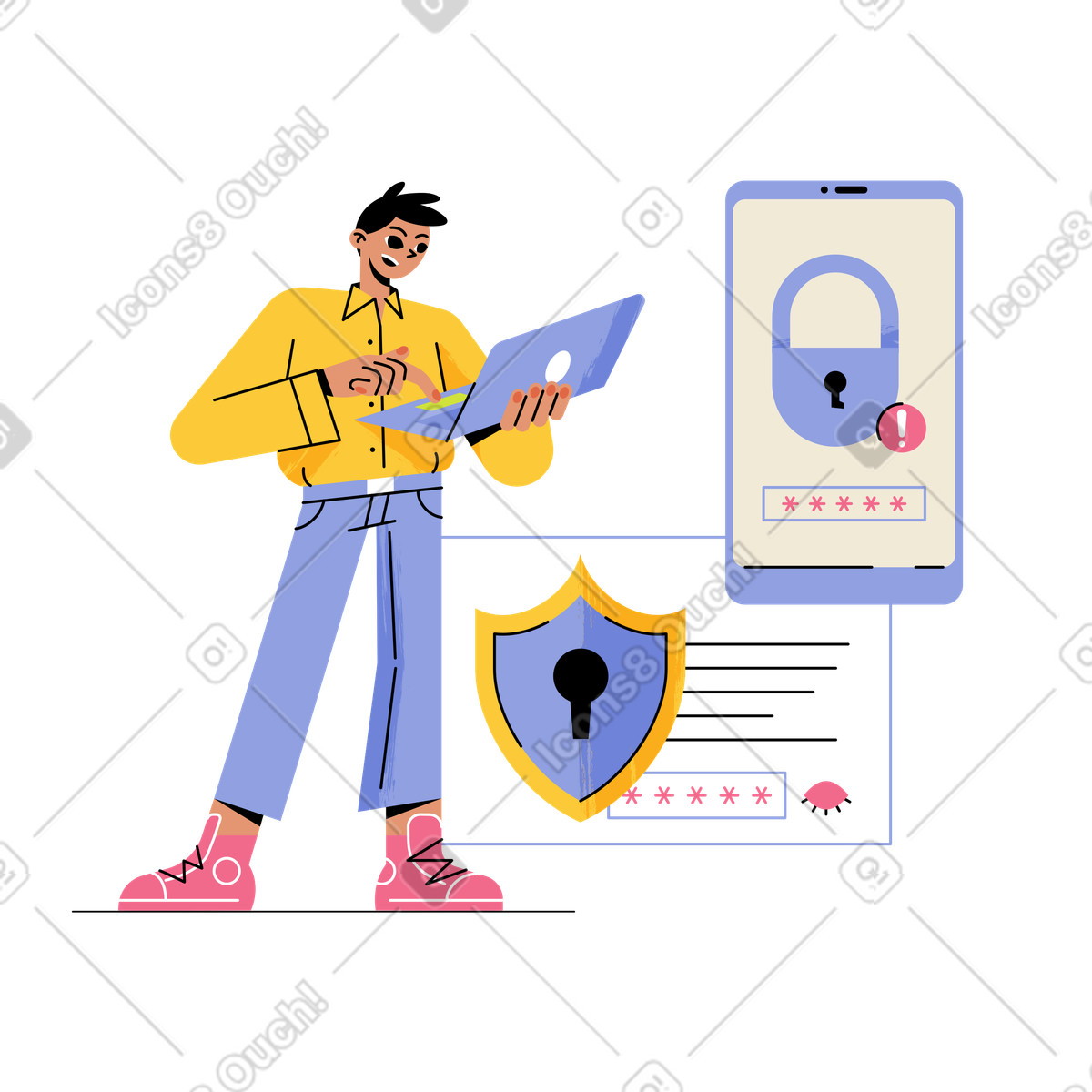 Ragazzo con laptop che installa password di sicurezza, protezione e blocco sul pc telefono illustrazione in stile Juicy scarica in PNG, SVG