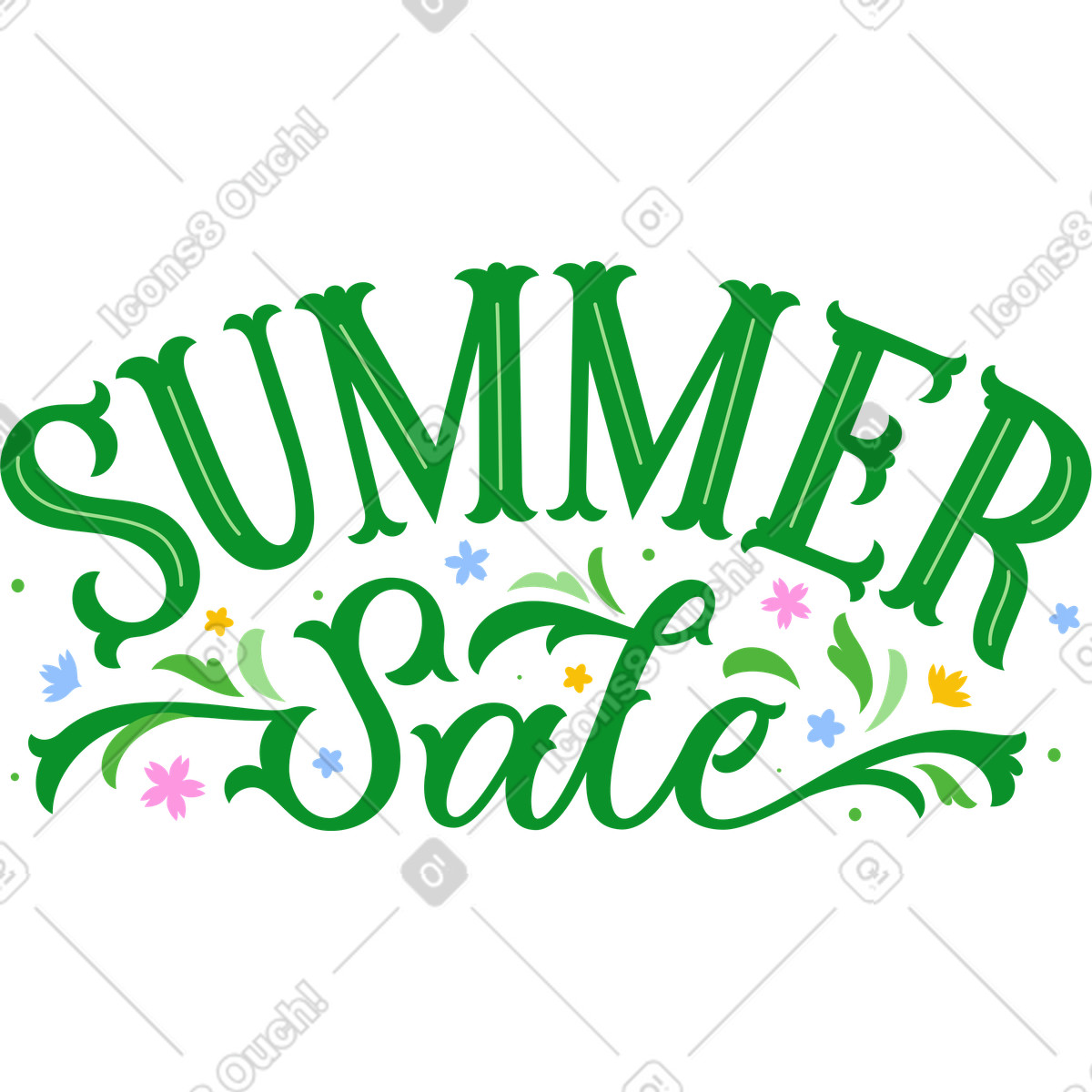 Lettering green summer sale with flowers text illustration in style download in PNG, SVG