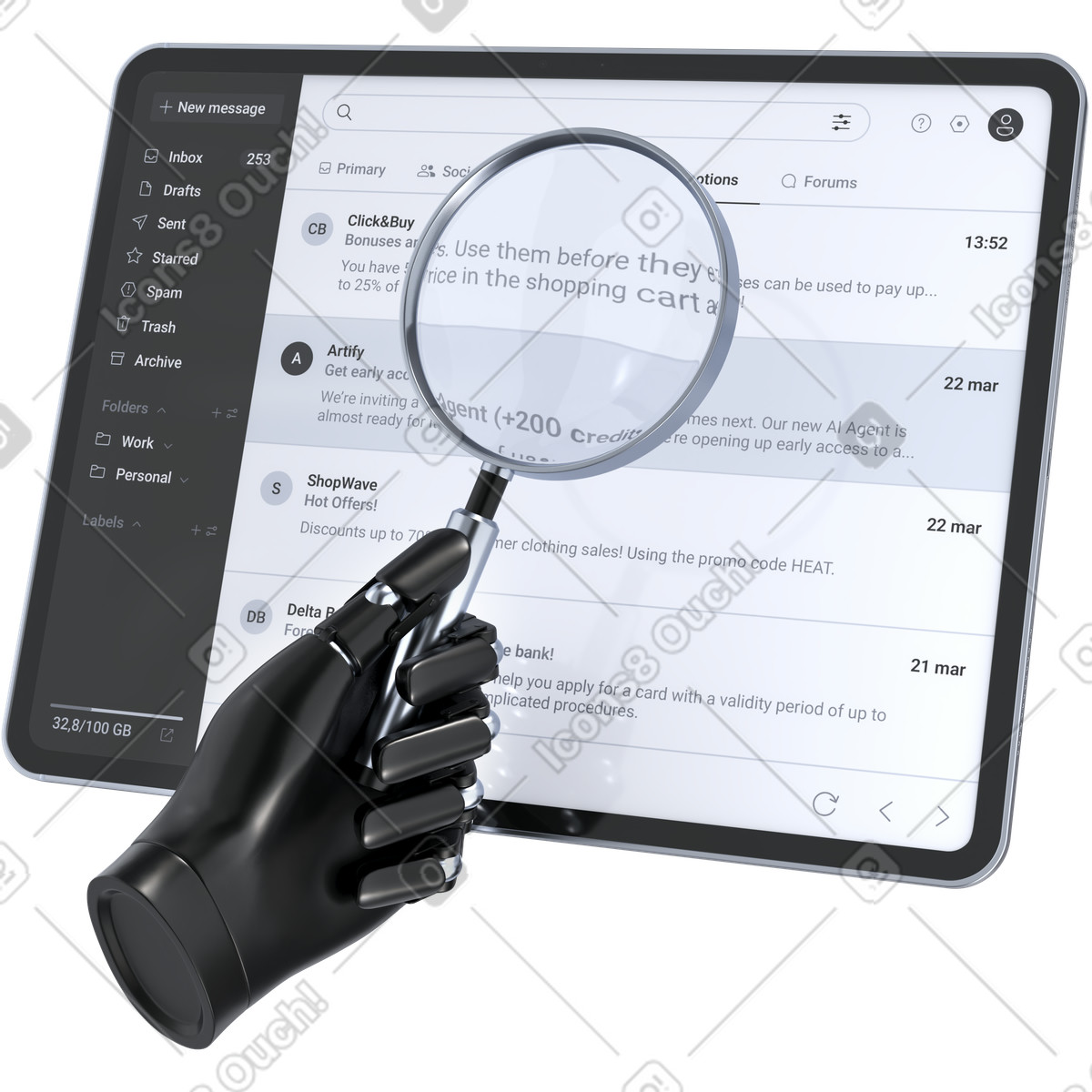 Robotic Hand Reviewing Email Dashboard, Inbox Monitoring System, Communication Analytics Control illustration in 3D Pro style download in PNG, SVG
