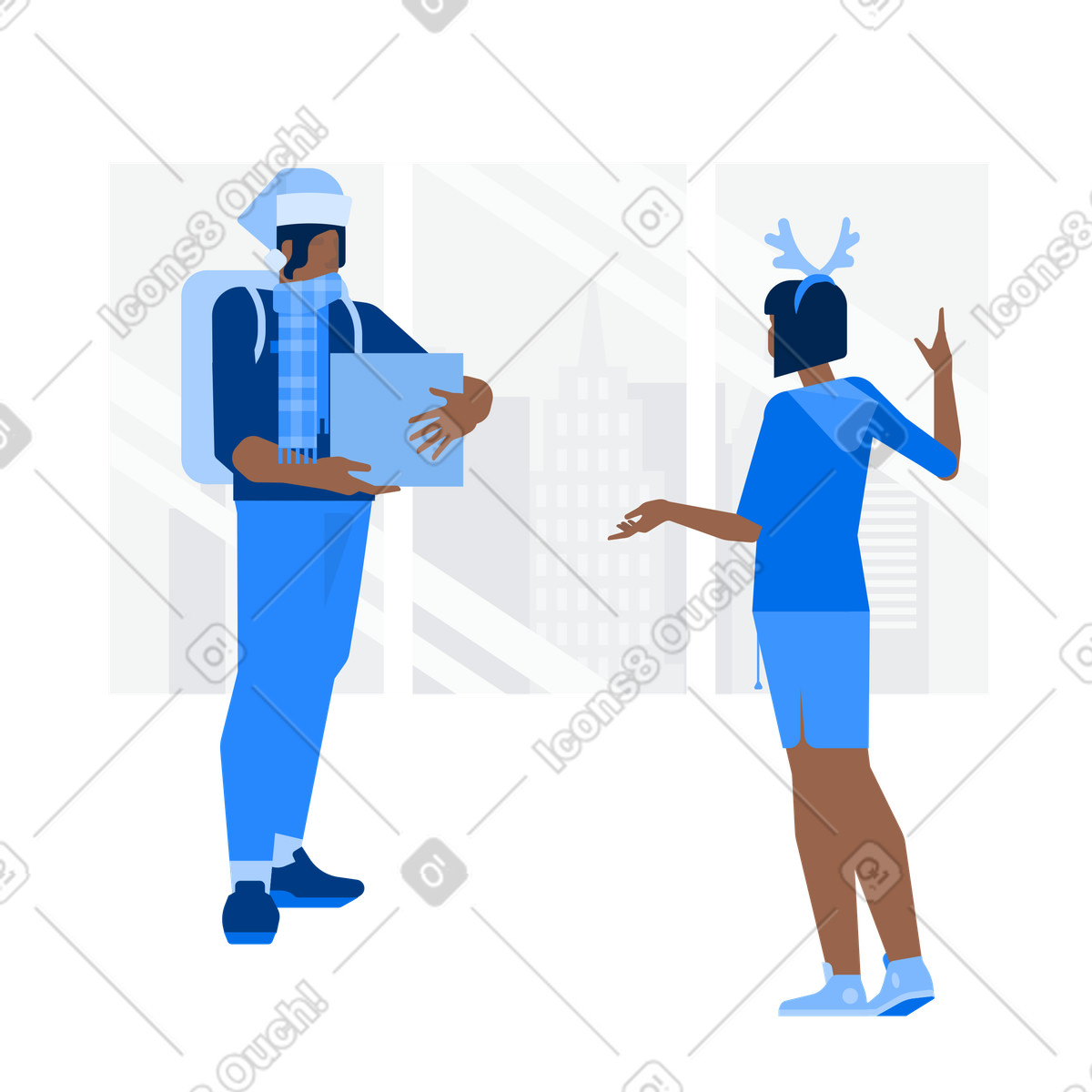 Delivery man with present box giving order to a woman illustration in Urban style download in PNG, SVG