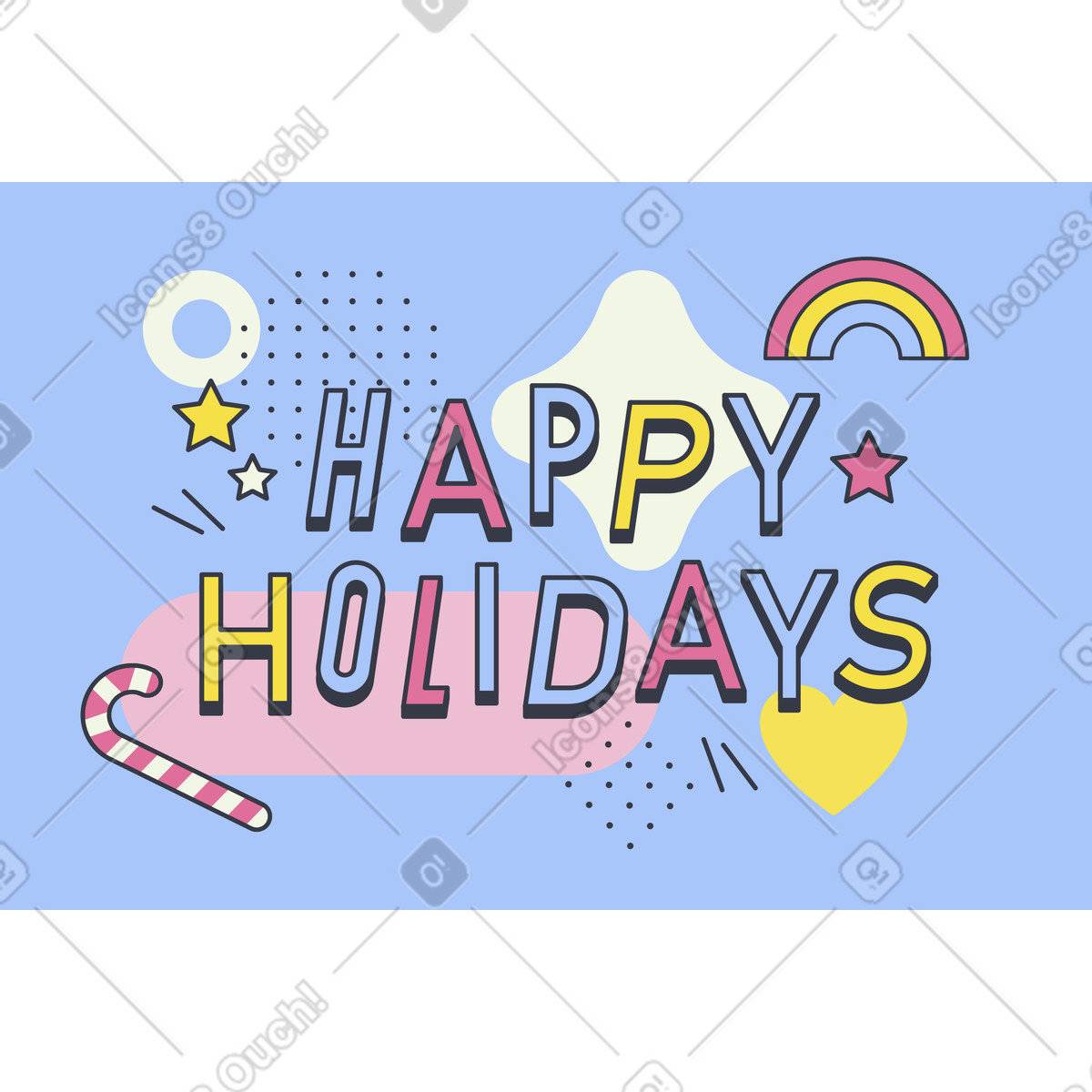 Lettering happy holidays text with rainbow and candy cane illustration in Abstract style download in PNG, SVG