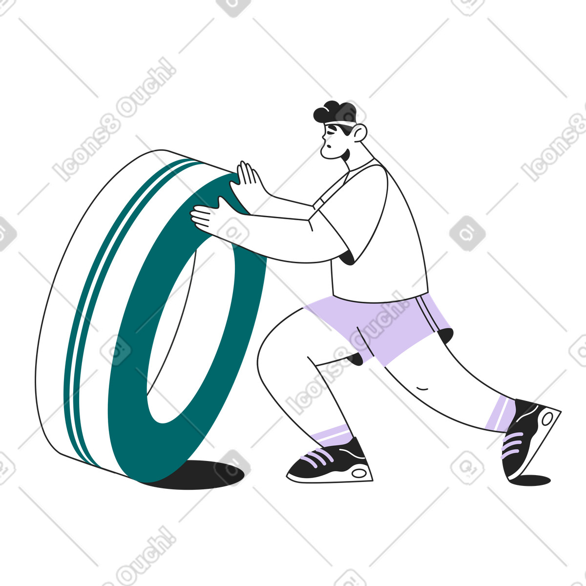 Ilustración Hombre serio con pantalones cortos color lavanda haciendo crossfit en estilo Sammy Line a descargar en PNG y SVG