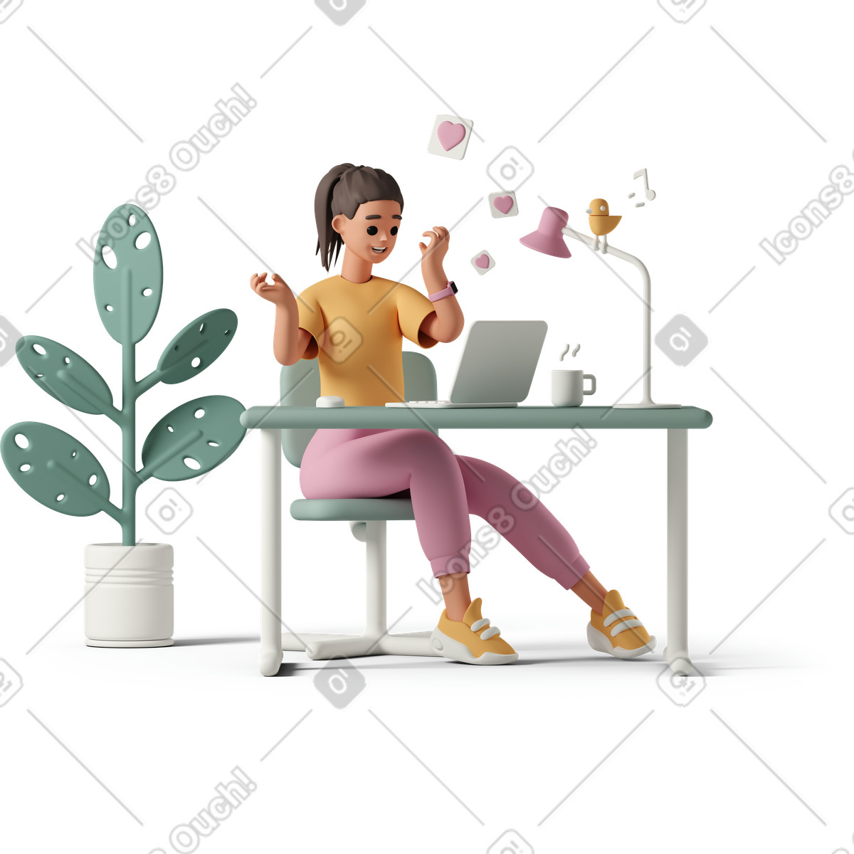 Excited young woman receiving like notifications on her laptop illustration in 3D Casual life style download in PNG, SVG