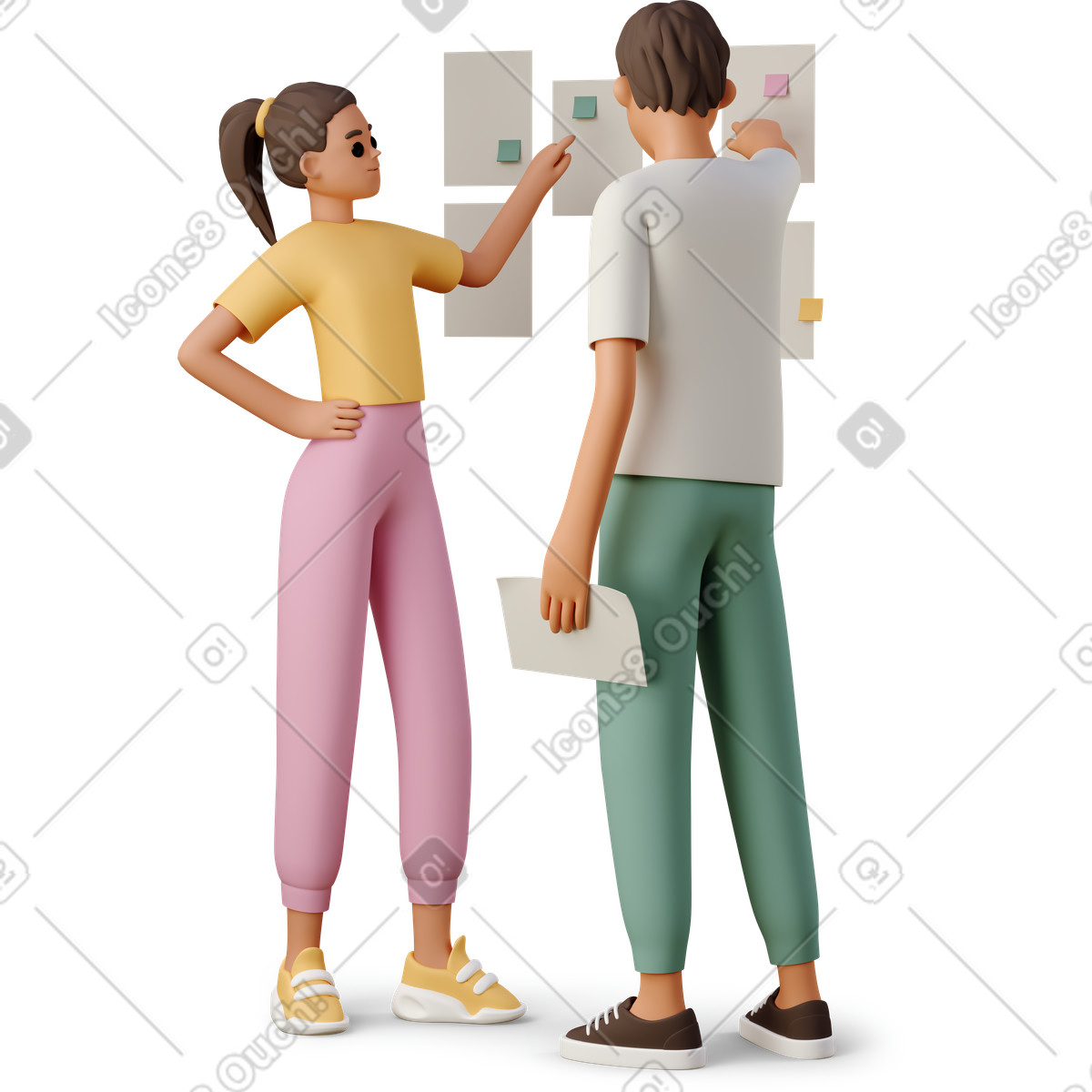 Boy and girl sticking notes on wall-Illustration im 3D Casual life-Stil als Download in PNG, SVG