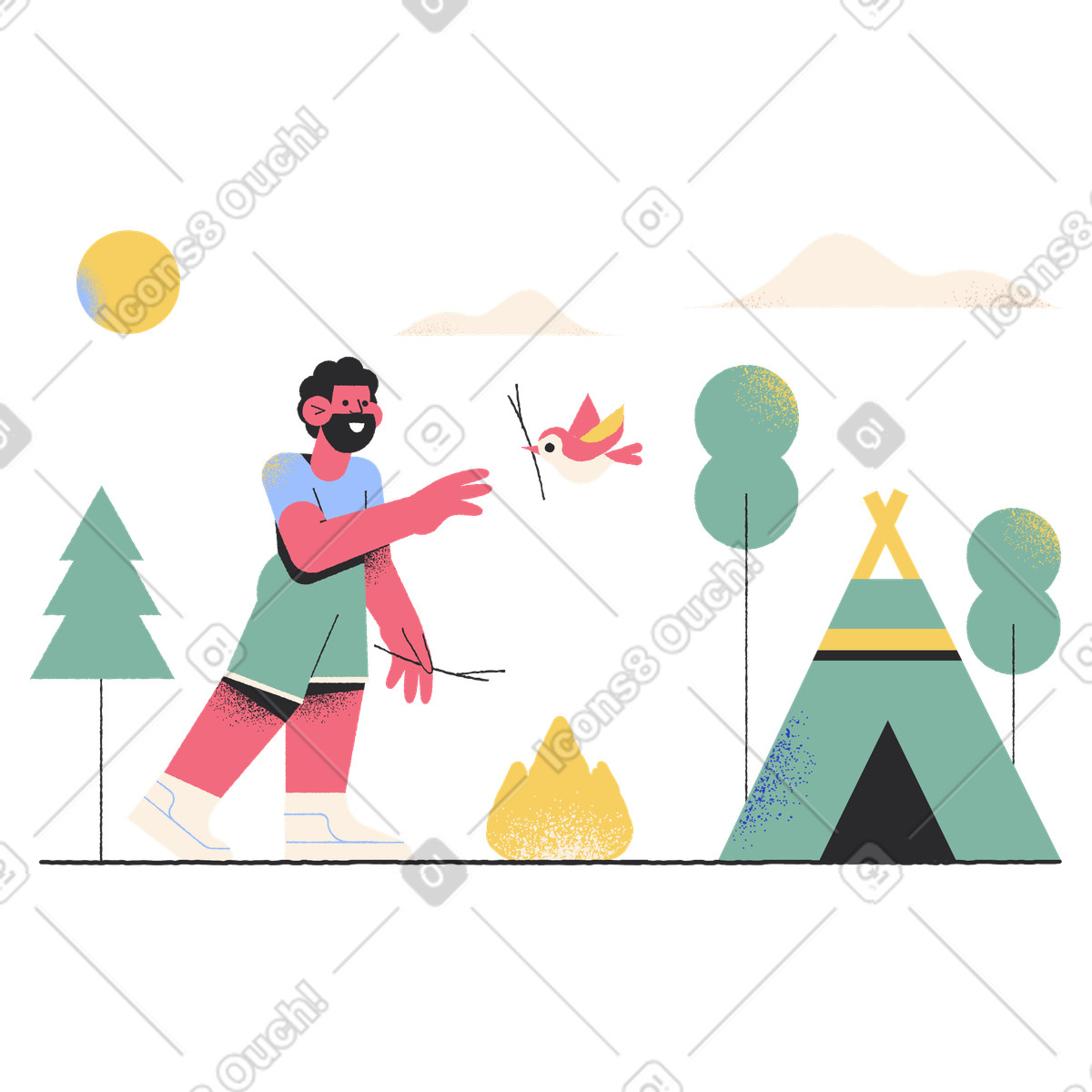 Illustration Campeur construisant un feu de camp avec l'aide d'un oiseau dans le style Pablo à télécharger aux formats PNG, SVG