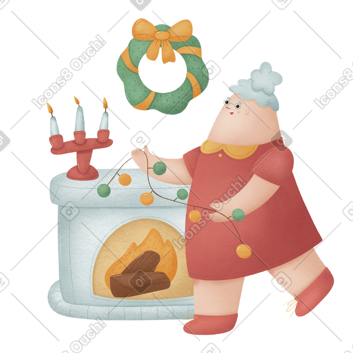 Nonna in abito rosso che decora il camino con ghirlanda per natale illustrazione stile Woolly scarica PNG, SVG