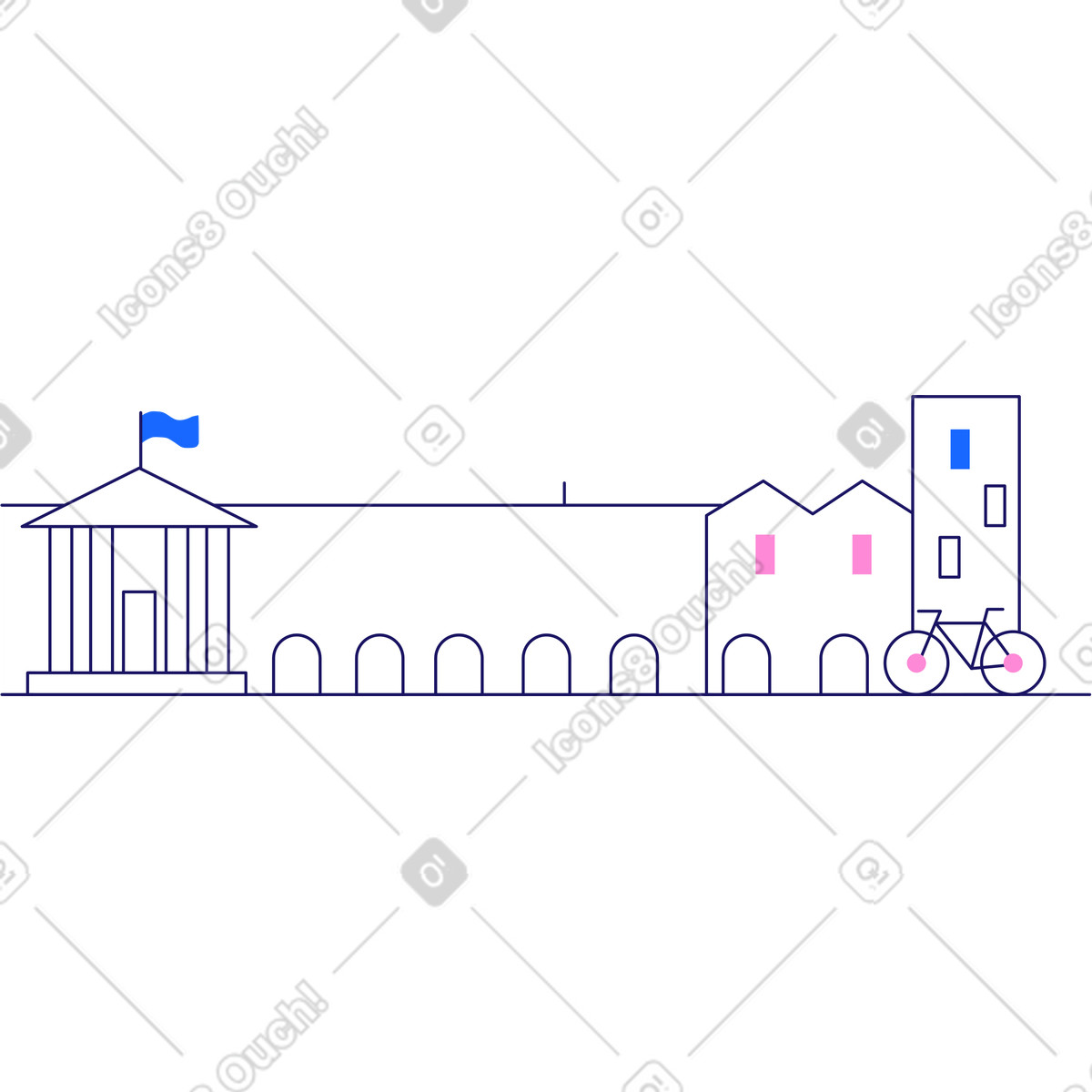 下载 Matey 风格的 城市背景与建筑与旗帜和自行车 插画，支持 PNG、SVG 格式