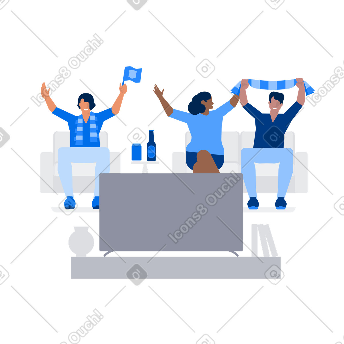 Ilustração de Fãs esportes assistem aos jogos olímpicos na tv, seguram lenços em suas mãos no estilo Urban para baixar PNG, SVG