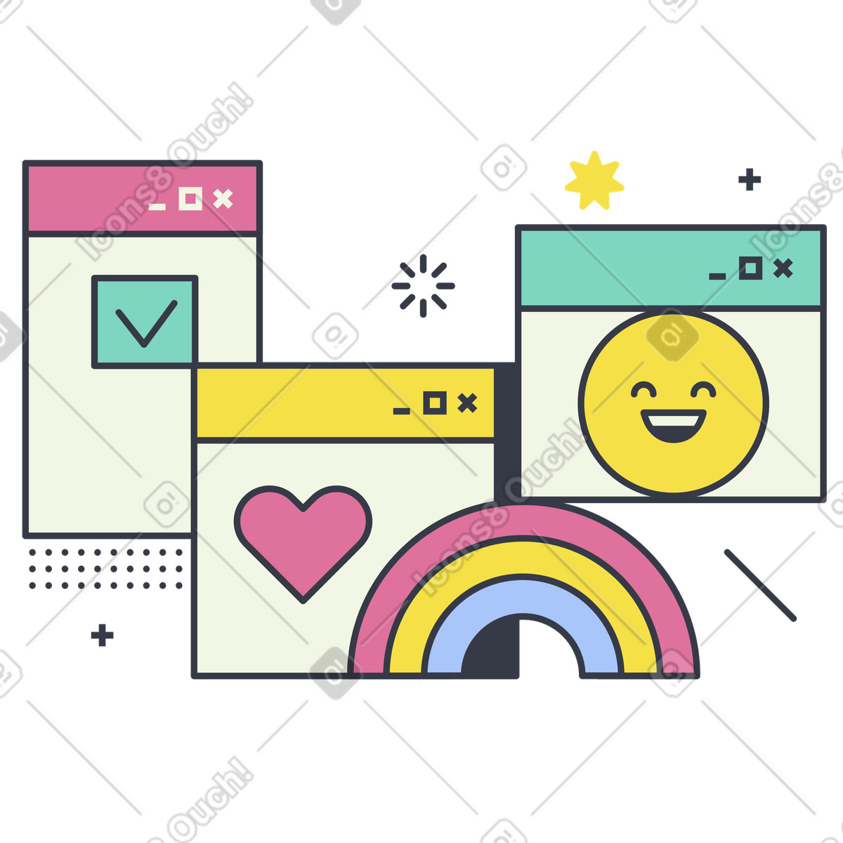 Illustration Fenêtres de navigateur abstraites avec emoji dans le style Abstract à télécharger aux formats PNG, SVG