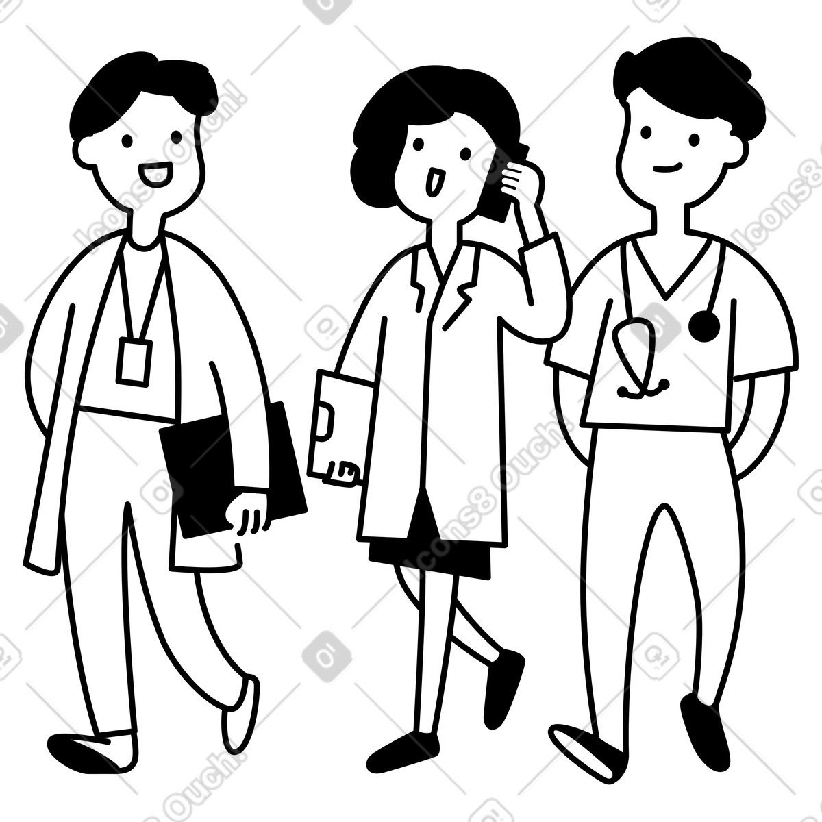 Doctors team walking together with clipboard and stethoscope in hospital-Illustration im Notion Line Art-Stil als Download PNG, SVG