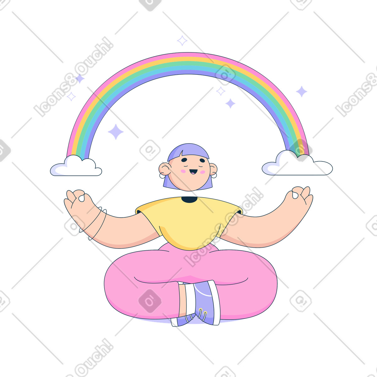 Illustration La femme médite sous un arc-en-ciel dans le style Bubble gum à télécharger aux formats PNG, SVG