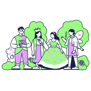 A group of visitors is gathered in a vibrant park, each wearing whimsical costumes inspired by illustrated stories. On the left, a person is dressed as a character with oversized glasses and a colorful patchwork outfit, holding an open book. Next to them, another visitor sports a flowing cape and a crown adorned with stars, illustrating a character from a fantasy tale. In the center, an individual showcases a brightly colored dress with elements resembling flowers and animals, embodying a storybook princess. To the right, a visitor in a playful outfit resembling a fairy brings an air of magic, complete with wings and a wand. Lush trees and flowerbeds surround the scene, adding to the enchanting atmosphere.