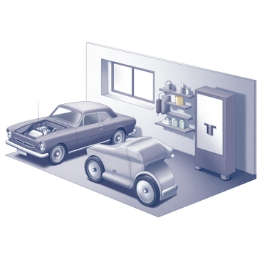 A classic car with rounded edges and chrome details is parked next to a modern electric vehicle with sleek lines and a minimalist design. The garage has a concrete floor, and the walls are lined with shelves holding various tools and car care products. Soft light filters in from a window, illuminating both vehicles, highlighting the contrast between their designs. The classic car has an open hood, revealing an intricate engine, while the electric vehicle displays a smooth, unblemished exterior.