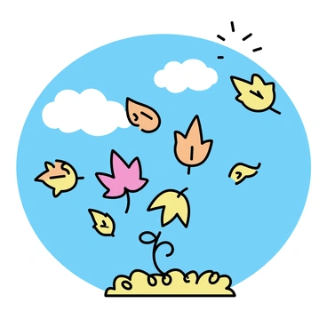 A collection of vibrant autumn leaves in shades of red, orange, and yellow is swirling in the air. Each leaf has a distinct shape, showcasing the varying species. The background features a bright blue sky, dotted with a few fluffy white clouds. The ground below is covered with a layer of fallen leaves, creating a colorful carpet.