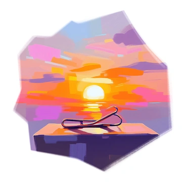 A sunset scene showcasing a vibrant sky filled with hues of orange, pink, and purple as the sun dips below the horizon. In the foreground, a paper clip is prominently silhouetted against the colorful backdrop, creating a striking contrast. The edges of the paper clip are dark, defined against the bright colors of the sunset, while wispy clouds can be seen scattered across the sky, enhancing the visual depth of the scene.