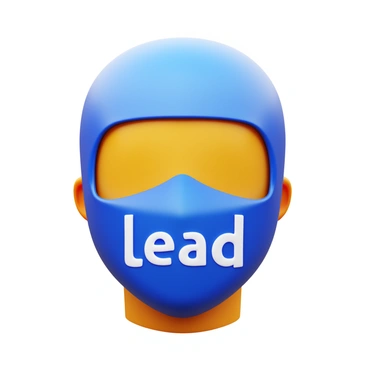 A person wearing a mask that features the word "lead" prominently displayed. The mask has a sleek design, fitting snugly over the person's face. The word "lead" is styled in bold letters, emphasizing its dual meanings related to both guiding and a type of metal. The person's eyes are visible above the mask, conveying a sense of mystery. The background is simple, focusing attention on the mask and the person's expression.