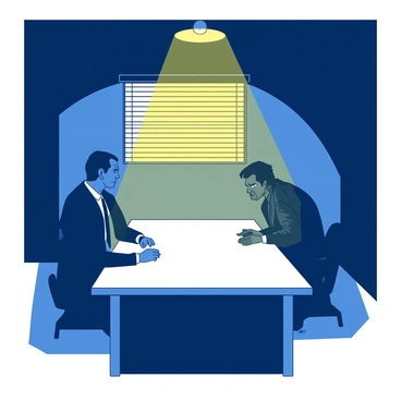 A dimly lit interrogation room features a stark white table in the center. Above, a harsh yellow overhead light casts sharp shadows across the space. On one side of the table sits a tense detective with a furrowed brow and a focused expression, wearing a dark blue suit. Opposite him, a nervous suspect is hunched over in a chair, glancing around anxiously. The walls are bare, adding to the oppressive atmosphere, and a single window with blinds allows a sliver of white light to filter through, contrasting with the otherwise dark setting.