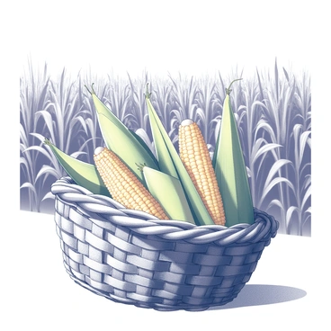 A woven basket is filled with ears of corn, showcasing their golden husks and green leaves. The basket rests on the ground, surrounded by tall stalks of corn plants that stretch towards the sky. In the background, rows of corn plants form a lush landscape, their leaves rustling gently in the breeze. The sun casts shadows across the field, highlighting the texture of the basket and the corn inside.