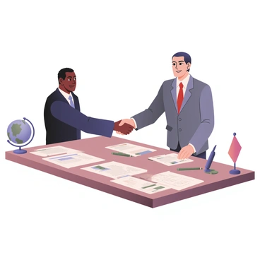 A digital flat illustration depicting two world leaders shaking hands over a large table. The leader on the left has dark skin and is wearing a navy suit with a light blue tie. The leader on the right has light skin and is dressed in a gray suit with a red tie. The table is covered with various trade documents, some of which are neatly stacked while others are partially spread out, revealing text and charts. There are pens and a globe placed on the table, along with a small flag from each leader's country positioned at either end of the table. The setting is formal, suggesting a significant meeting.