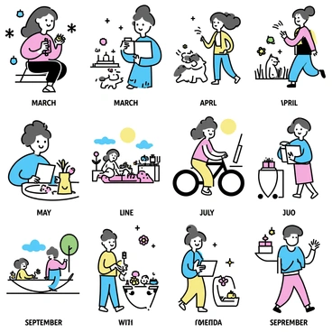 A series of twelve illustrations, each representing a distinct hobby associated with a specific month. The first illustration features a person knitting with colorful yarn in a cozy setting surrounded by snowflakes, representing January. The second illustration shows a couple walking dogs in a park with blooming flowers, symbolizing March. For April, there is a person painting outdoors, capturing the vibrant colors of spring. The scene for May includes individuals tending to a garden, planting flowers and vegetables. 

In June, there is a group of friends cycling along a sunny beach path, enjoying the summer weather. A family can be seen having a picnic in a park for July, complete with a blanket and various foods laid out. The August illustration depicts someone reading a book while lounging in a hammock under the shade of trees. In September, a person is depicted harvesting fruits in an orchard.