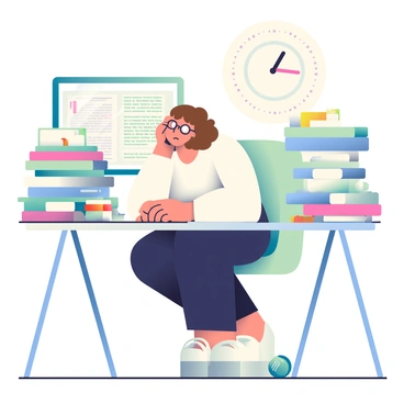 An employee with short brown hair and glasses is seated at a cluttered desk, looking visibly stressed. She is wearing a white blouse and dark pants. The desk is surrounded by tall stacks of paperwork, with folders and notes scattered across the surface. A large, round clock on the wall shows the time as 5:45 PM, indicating a looming deadline. A cup of coffee sits on the desk, partially spilled, and a computer screen displays a work-related document filled with text. The employee's hands are resting on the desk, and her expression conveys urgency and concern.