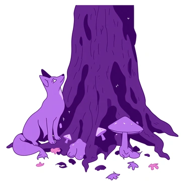 A purple mystical fox with glowing white eyes is sitting at the base of an ancient tree. The tree has thick, gnarled roots and a vast trunk covered in textured bark. Surrounding the tree, there are a few scattered, luminescent mushrooms emitting a soft glow. The fox is gazing up with an alert expression, surrounded by fallen leaves that are mostly brown and orange. The atmosphere is quiet, emphasizing the serene presence of both the fox and the majestic tree.