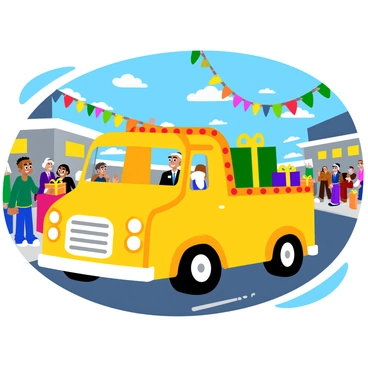 A yellow truck decorated with colorful holiday lights is driving down a bustling street. The truck is adorned with bright red, green, and blue lights, twinkling vibrantly against its yellow exterior. Spectators line the sidewalks, smiling and waving, as cheerful banners hang overhead. The atmosphere is filled with joy and celebration, with snow gently falling around the scene, adding to the festive mood. The truck's bed is filled with oversized gifts wrapped in shiny paper, completing the cheerful parade setting.
