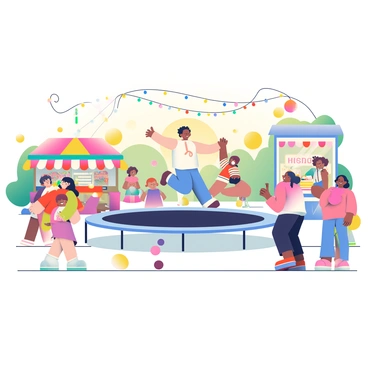 A lively festival setting is filled with excitement and energy. In the center, a large trampoline is surrounded by various colorful stalls, each displaying vibrant decorations. The stalls are adorned with bright banners and balloons in shades of red, blue, and yellow. People of all ages are enjoying the festivities, with some jumping on the trampoline while others are browsing the stalls. In the background, strings of lights crisscross overhead, illuminating the scene with a warm glow as the sun begins to set. There are food vendors selling tasty treats, and children are laughing as they play games.