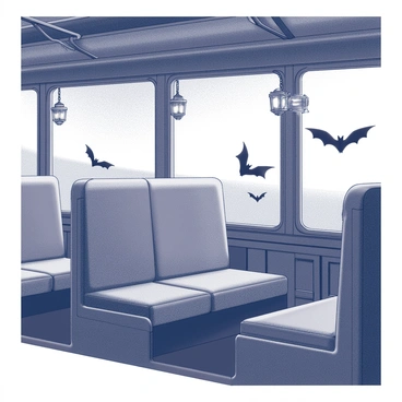 A vintage steam train is on a journey through a scenic landscape. The interior features plush velvet seats arranged in a cozy setting. Gas lamps hang from the ceiling, casting soft light throughout the carriage. Bats are fluttering inside the train, with their wings spread wide as they navigate between the seats. The intricate details of the train's wood paneling and the ornate designs of the gas lamps are visible, creating a rich, immersive atmosphere.