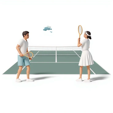 A retro-style tennis court, featuring a green and red color scheme, with a classic net at the center. On one side of the court, a male player is dressed in a white short-sleeve polo shirt, light blue shorts, and white tennis shoes, holding a classic wooden racket. He is poised to serve, with a focused expression on his face. On the opposite side, a female player is wearing a white tennis dress with a pleated skirt, accessorized with a headband and white tennis shoes. She is ready to receive the serve, with her racket raised and a determined look. The surrounding area includes vintage-style lines and a bright blue sky overhead.