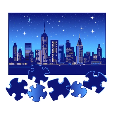 A duotone jigsaw puzzle features a vibrant city skyline at night filled with tall buildings. The buildings have glowing windows, illuminating the scene, creating a sense of activity and life. Above the skyline, there is a starry sky, enhancing the nighttime ambiance with twinkling stars scattered throughout. The puzzle pieces are intricately designed to capture the details of the cityscape and the brilliance of the night sky.