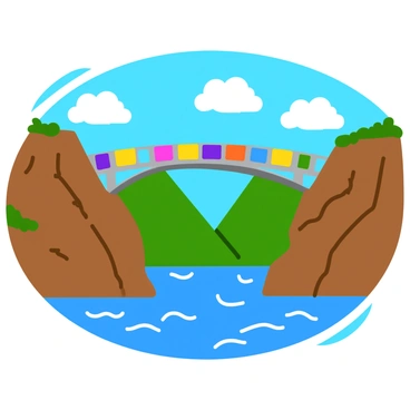 A sturdy bridge made of interwoven "CPF-related terms" stretches between two steep cliffs. Each term is represented in a bold, playful font, creating a colorful mosaic of words. The cliffs rise sharply on either side, featuring rugged textures and patches of green vegetation. A bright blue sky is visible above, with fluffy white clouds scattered throughout. Below the bridge, a flowing river reflects the sunlight, adding a shimmering effect to the scene.