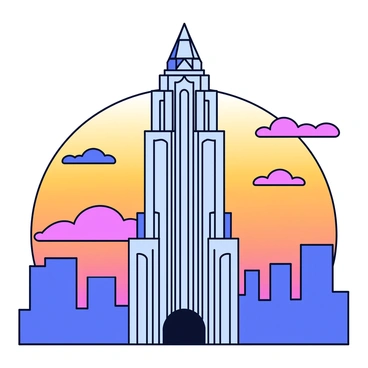 A tall skyscraper in the Art Deco style, featuring geometric patterns and intricate detailing on its facade. The building has a sharp, pointed roof and is adorned with vertical lines emphasizing its height. The background showcases a sunset skyline with orange and purple hues filling the sky. Silhouettes of other buildings can be seen in the distance, creating a dramatic contrast to the colorful sky.