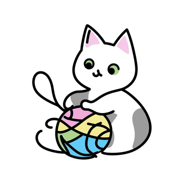 A fluffy cat with white fur and light gray patches is sitting in a playful manner. The cat has large green eyes and its ears are perked up, showing curiosity. It is tangled in a vibrant ball of yarn that consists of multiple colors including red, blue, yellow, and green. The yarn is spread around the cat, with loose strands draping over its body. The cat's paws are playfully reaching out towards the yarn, while its tail curls around the ball, creating a sense of fun and activity.