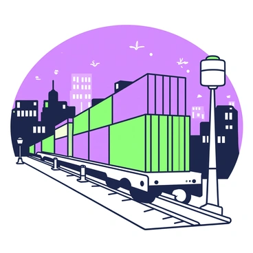 A cargo train passing through a city at night with lights reflecting on the tracks