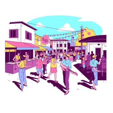 A vibrant festival is taking place in a southern town square filled with people. Colorful decorations are hanging between the buildings, creating a festive atmosphere. In one corner, a band is playing lively music, with musicians holding various instruments, including a trumpet and a guitar. Groups of people are dancing joyfully in the square, some wearing bright clothes. Stalls with colorful awnings are set up, offering local food and drinks, with happy festival-goers lining up to taste delicious treats. The sun is shining brightly overhead, contributing to the lively ambiance.