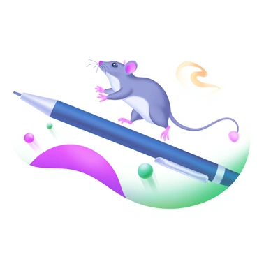 A small gray mouse balancing carefully on a large ballpoint pen as if it's walking a tightrope. The pen is shown in a horizontal position, with its glossy surface reflecting light. The mouse has tiny paws extended for balance, and its whiskers are slightly twitching. Below the pen, there is a soft, pastel-colored background that features gentle swirls and shapes, enhancing the whimsical scene. The mouse's eyes are focused and determined, capturing the essence of concentration in its stance.