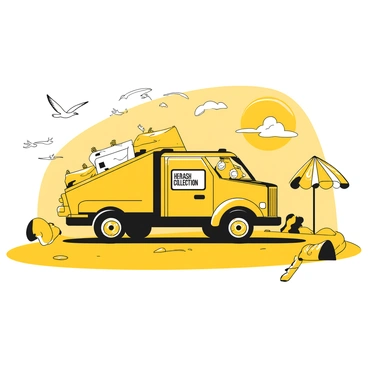 A junk truck is parked on a yellow sandy beach, with its back open and filled with bags of collected litter. The truck has a prominent "Trash Collection" sign on the side. Seagulls are flying overhead, some with their wings spread wide and others gliding gracefully. The sun is shining brightly in the background, casting shadows on the beach and creating a warm atmosphere. There are a few beachgoers in the distance, enjoying the day and a beach umbrella set up nearby. Litter can be seen scattered around the beach, highlighting the importance of clean-up efforts.